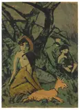 Otto Mueller, Lagernde Zigeunerfamilie mit Ziege, 1926, Farblithographie auf Papier, partiell mit gelber Kreide überarbeitet