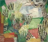 Oskar Moll, Obstbäume mit roten Dächern (Bodensee), Um 1934, Öl auf Leinwand