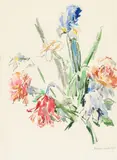 Oskar Kokoschka, Iris, Tulpen, Narzissen und Rosen, 1968, Aquarell auf Fabriano Bütten
