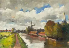 Lesser Ury, Windmühlen bei Rotterdam (Ziehende Wolken), 1913, Öl auf Leinwand