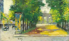 Lesser Ury, Unter den Linden mit Blick auf das Brandenburger Tor, Berlin“. 1920er-Jahre, Öl auf Leinwand, auf leichten Karton aufgezogen