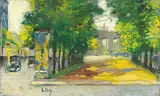 Lesser Ury, Unter den Linden mit Blick auf das Brandenburger Tor, Berlin“. 1920er-Jahre, Öl auf Leinwand, auf leichten Karton aufgezogen