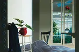 Bruce Cohen, Untitled (Interior with Red Pitcher, Coat, Landscape, and Red Rose), 1986, Oil on canvas