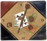 George Herms, Desk pad, 1975, Matchbook, bottle caps, playing card, letter opener, ink stamps, and other mixed-media on leather desk pad