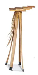 Jim Ganzer, Ganzer stands (3), c. 1982, Ganzer stands: Palm fronds, plywood, epoxy; Tapestry: Woven wool