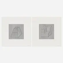 Untitled (two works from the Twelve Forms Derived From a Cube series) by Sol LeWitt, 1984, screenprint on Arches 88, sold Oct 2022