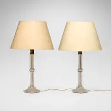 Lalique, Olympie table lamps, pair, frosted glass, brass, linen shades