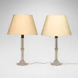 Lalique, Olympie table lamps, pair, frosted glass, brass, linen shades