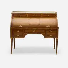 Claude Lebesgue, Louis XVI writing desk, mahogany, gilt brass, marble, marquetry, embossed leather
