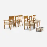 Biedermeier Style, Chairs, set of six and ottoman, c. 1910, mahogany, upholstery