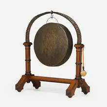 Aesthetic Movement, Dinner gong, c. 1890, patinated brass, partially ebonized oak, hickory, horn