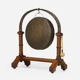 Aesthetic Movement, Dinner gong, c. 1890, patinated brass, partially ebonized oak, hickory, horn