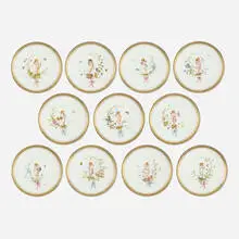 Lucien Boullemier for Minton & Co., Victorian plates with flower fairies, set of eleven, c. 1895, glazed, hand-painted and gilt porcelain