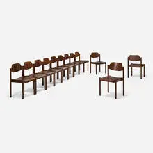 Chairs, set of twelve by Vico Magistretti, c. 1970, beech, plywood, sold Mar 2026