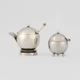 Georg Jensen, Mustard / condiment pots with spoons, set of two, 1927-30, sterling silver, stainless steel, enamel