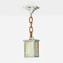 Hanging lantern by Arts & Crafts, steel, slag glass, bronze, sold Jan 2026