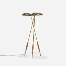 Gerald Thurston, floor lamp, c. 1955, brass, enameled aluminum, walnut