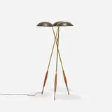 Gerald Thurston, floor lamp, c. 1955, brass, enameled aluminum, walnut