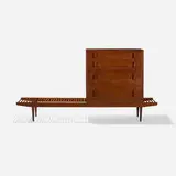 Milo Baughman and Stanley Young, bench with cabinet, c. 1950, stained walnut, brass