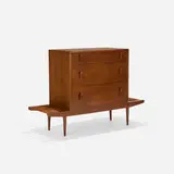 Milo Baughman and Stanley Young, bench with cabinet, c. 1960, stained walnut, brass