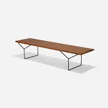 slat bench by Harry Bertoia, stained ash, enameled steel, sold Sep 2016