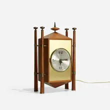Baroque table clock, model 2255 by George Nelson & Associates, 1957, stained walnut, brass, glass, aluminum, enameled aluminum, sold Sep 2016
