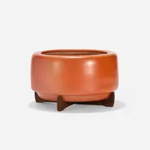 planter, model CP-25 by John Follis and Rex Goode, c. 1960, glazed stoneware, pine, sold Sep 2016