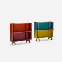 Henry P. Glass, Swingline bookcases, pair, 1952, lacquered wood, walnut, plywood