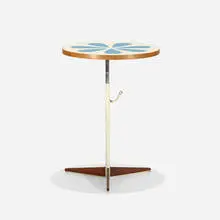 adjustable occasional table by Howard McNab and Don Savage, 1961, screenprinted laminate over plywoood, enameled steel, walnut, chrome-plated steel, sold Sep 2016
