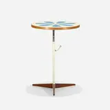 Howard McNab and Don Savage, adjustable occasional table, 1961, screenprinted laminate over plywoood, enameled steel, walnut, chrome-plated steel