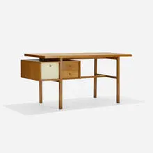 desk by Milo Baughman, c. 1950, maple, laminate, brass, sold Sep 2016