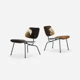 LCMs, pair by Charles and Ray Eames, aniline-dyed ash plywood, slunk skin, enameled steel, rubber, sold Sep 2016