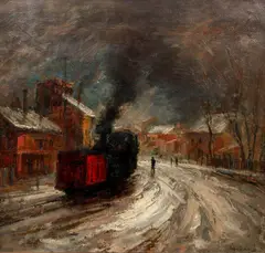 Eugeniusz Arct, Landscape with Locomotive and Red Wagon, 1936 (Paysage avec Locomotive et Wagon Rouge), oil on canvas