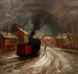 Eugeniusz Arct, Landscape with Locomotive and Red Wagon, 1936 (Paysage avec Locomotive et Wagon Rouge), oil on canvas