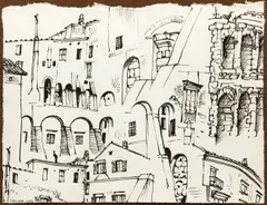 Theater of Marcellus Remodeled by Peter Blume, 1956, pen and ink drawing on hand made paper, offered Jun 2021