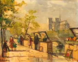 Parisian Vendors on the Seine with Notre Dame, first half of the by Georgi Alexandrovich Lapchine, oil on canvas, offered Jun 2021