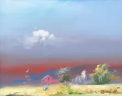 Frank Herbert Mason, Red House, Cow and Church (Sunset on the Farm), undated (c.1970s), oil on panel