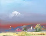 Frank Herbert Mason, Red House, Cow and Church (Sunset on the Farm), undated (c.1970s), oil on panel