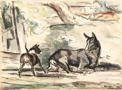 Harry Herman Wickey, Horse and Dog in The Farmyard, ink and watercolor