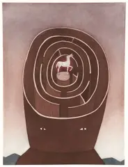 Jean-Michel Folon, Horse in Maze from the Circular Ruins Portfolio (Les Ruines Circulaires), (1974), etching and color aquatint on Arches paper