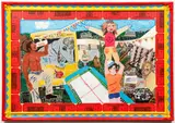 Jeff Zets, The Side Show Circus, oil , collage, painted wood, with printed paper collage, paint, painted