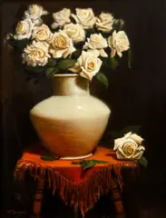 Still Life of White Roses by Malcolm Bryan, oil on board, offered Apr 2021