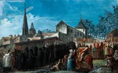 Arrivee des Penitens noirs de Toulouse a L'Eglise de Notre Dame de Garaison pour Le Reine enceinte le 3.7 by Jacques Gamelin, 1778, gouache on paper with a French mount, offered Apr 2021