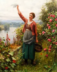 Daniel Ridgway Knight, Girl Waving Handkerchief, oil on canvas, relined
