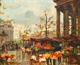 Flower Market in Paris, first half of the by Georgi Alexandrovich Lapchine, oil on canvas, offered Apr 2021
