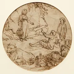 Antoine Mirou, Village Scene with Figures, pen and ink, 3.75 inches rondo