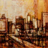 Paul S. Paulsen, Fort Pitt Bridge and Pittsburgh, circa 1965, acrylic and collage on masonite