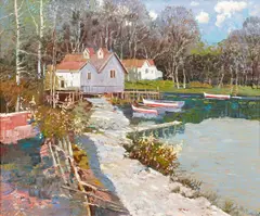 House on the Lake, c. late 20th or by Ming Feng, oil on canvas, offered Apr 2021