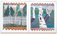 Two Landscapes one with Fence by Katrin Braun, 1984, oil stick and pastel on black paper, offered Mar 2021