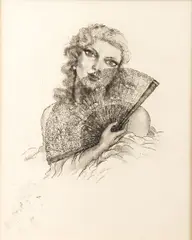Édouard Chimot, Pair of Female Portraits with original drawings, undated, the larger image in each is a restriked, etching, but the smaller